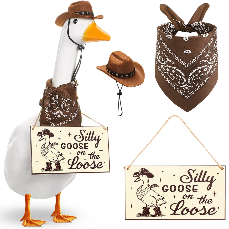 Silicherry funny porch goose outfit on a lawn goose for a playful Western vibe.