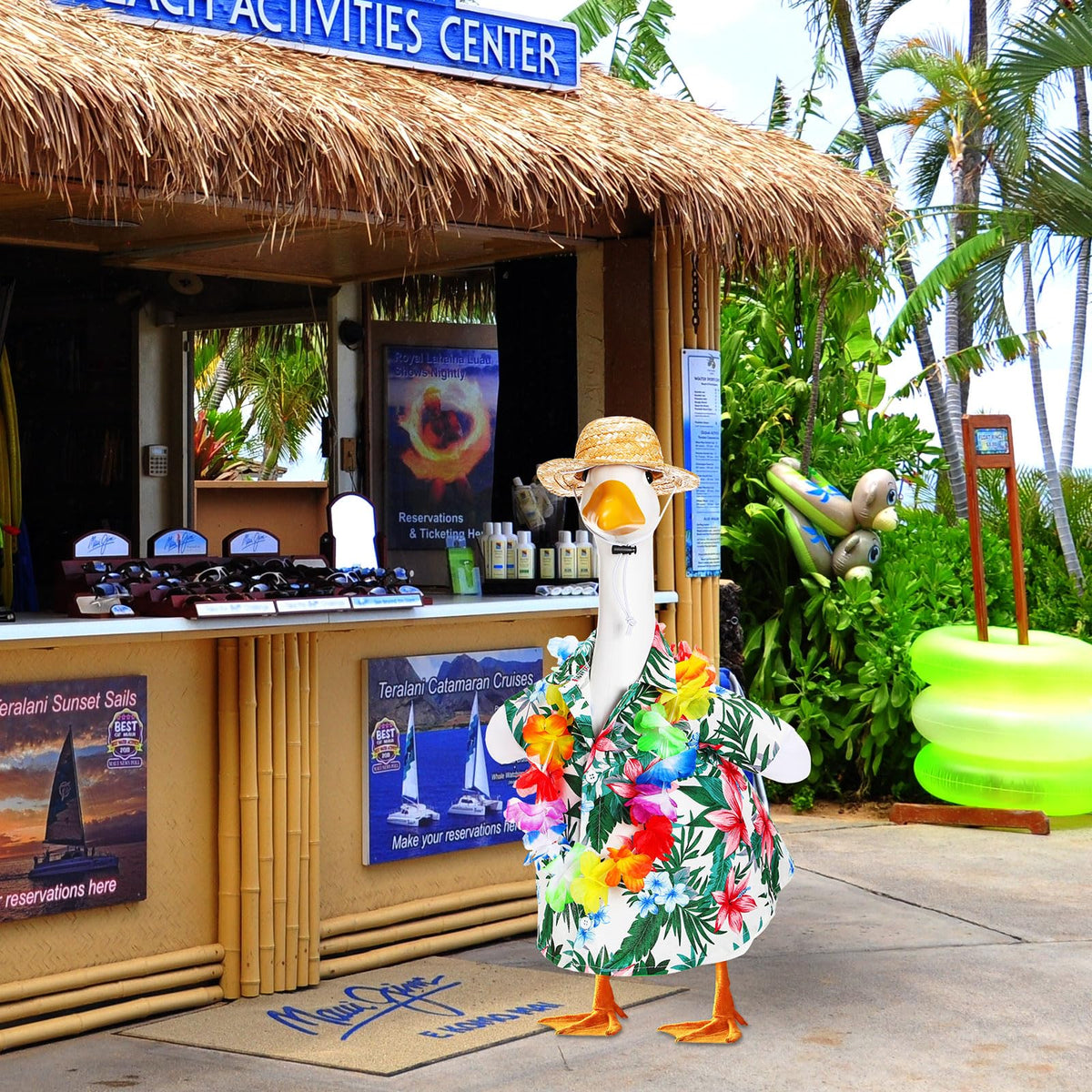 Silicherry cement goose display becomes a bright yard focal point.