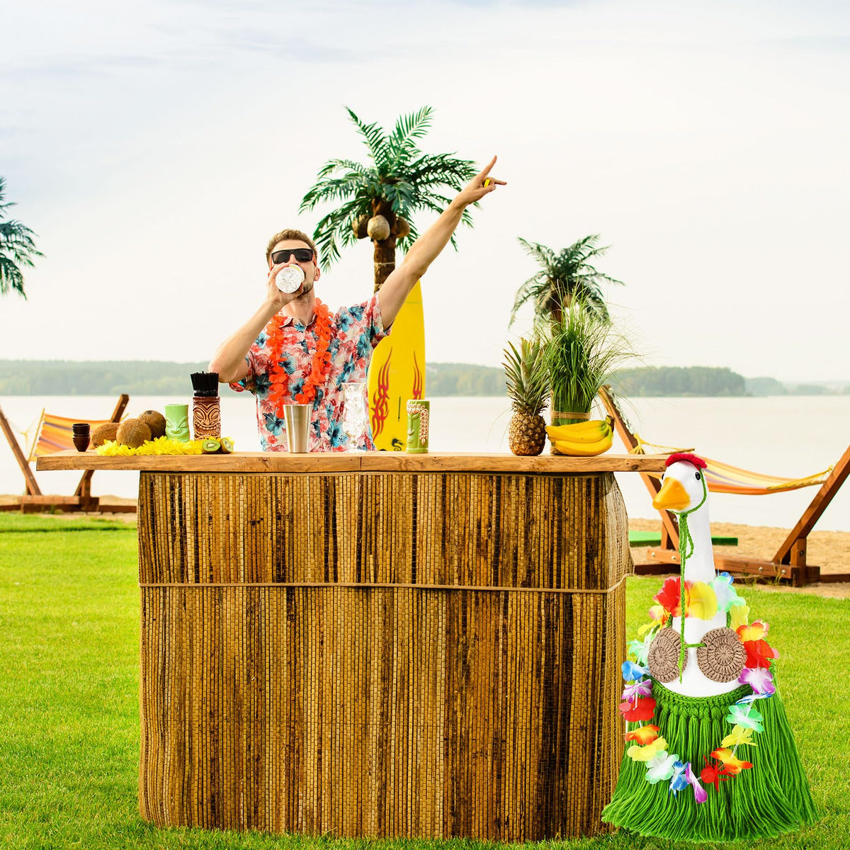 Silicherry hula party goose-costume, easy dress-up for porch geese and pets.