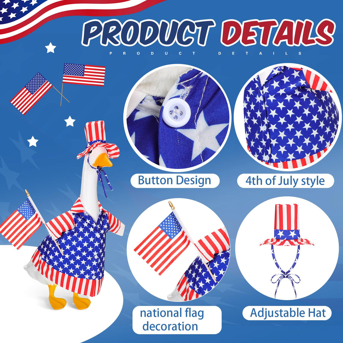 Silicherry polyester goose outfit provides durable, reusable patriotic attire for celebrations.
