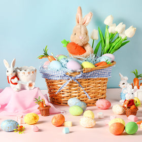 Silifine raffia grass accents the basket for a natural Easter vibe.