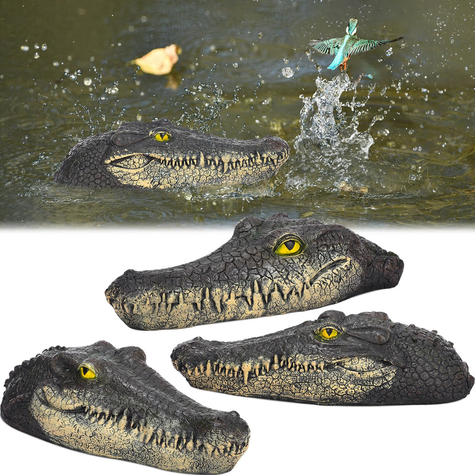 Silipull alligator head decoy floats in pond to deter geese and add realism.