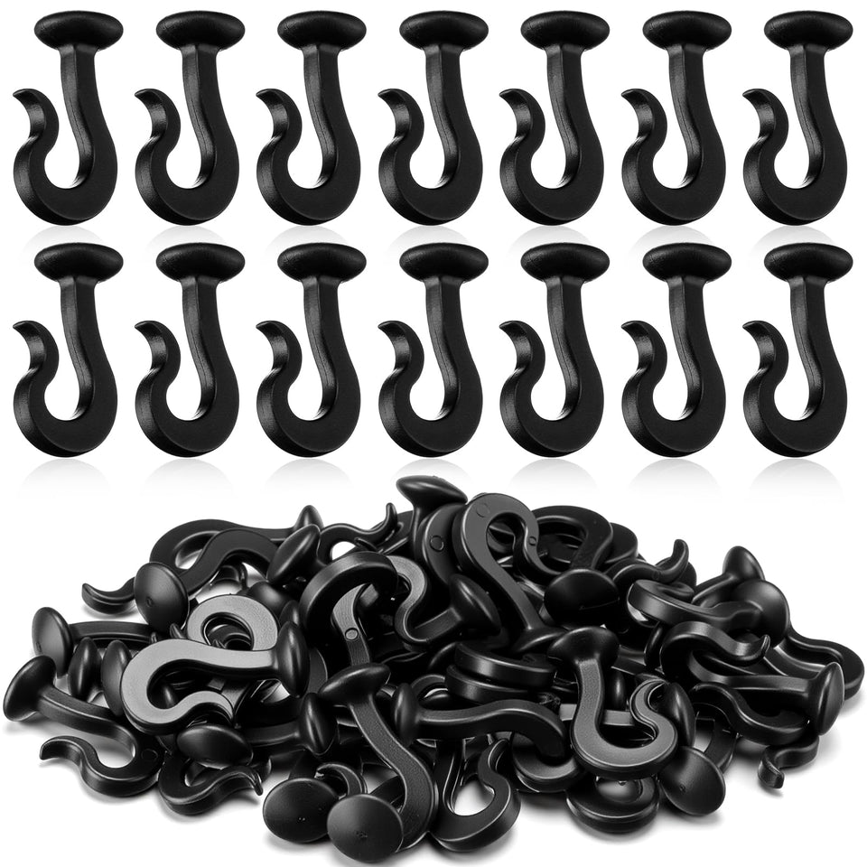 Silkfly gazebo curtain hooks in black plastic, 50-pack, ideal for replacing worn hooks.