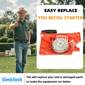 Simkfosh recoil starter installed on a chainsaw demonstrates quick model-compatible replacement.