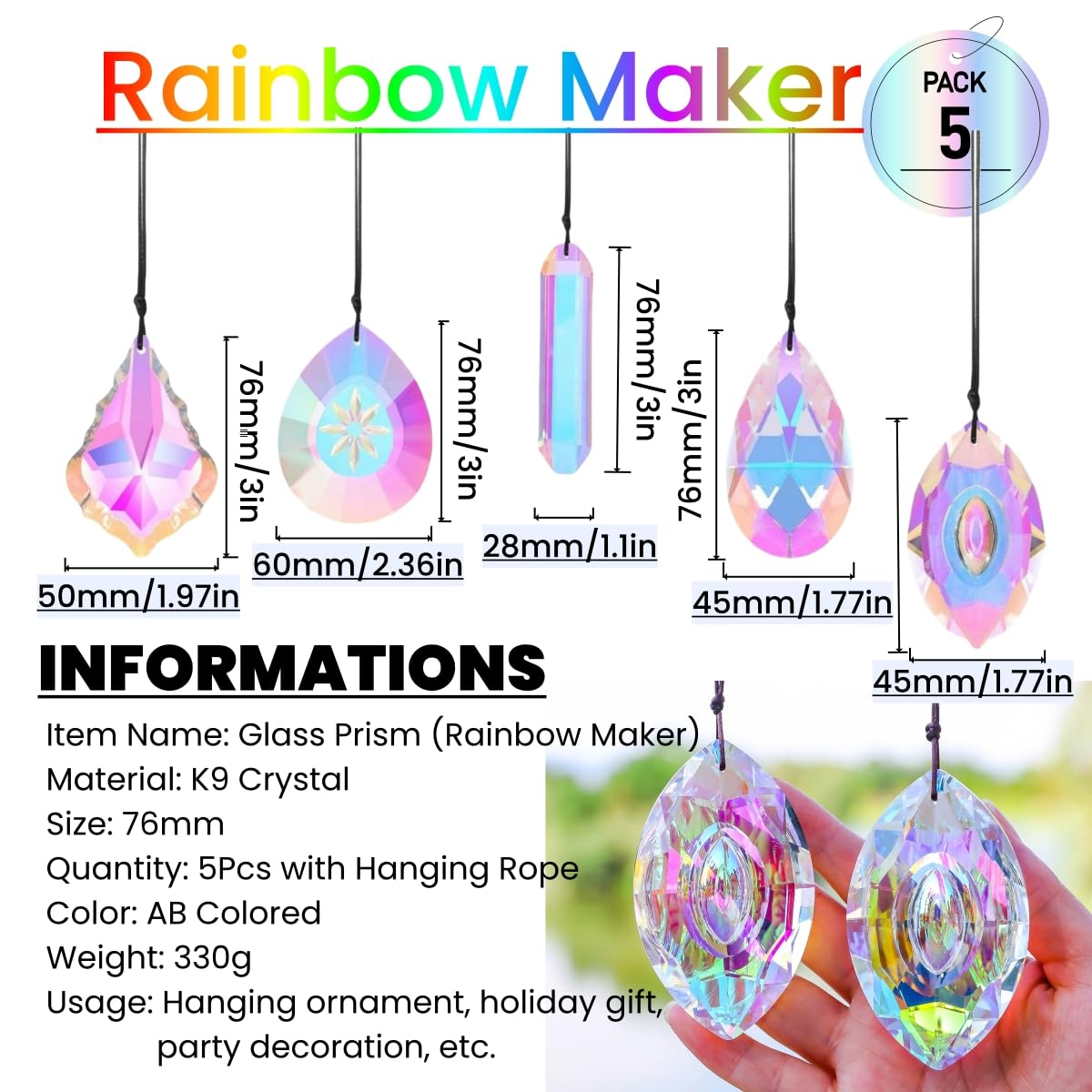 Simneygo 5-piece crystal prism set with iridescent finish for rainbow display