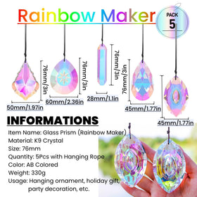 Simneygo 5-piece crystal prism set with iridescent finish for rainbow display