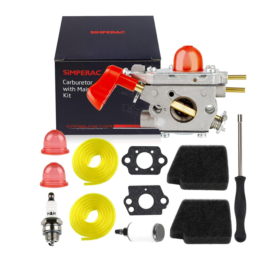 SIMPERAC carburetor for Poulan BVM200FE—replacement part for reliable starts.