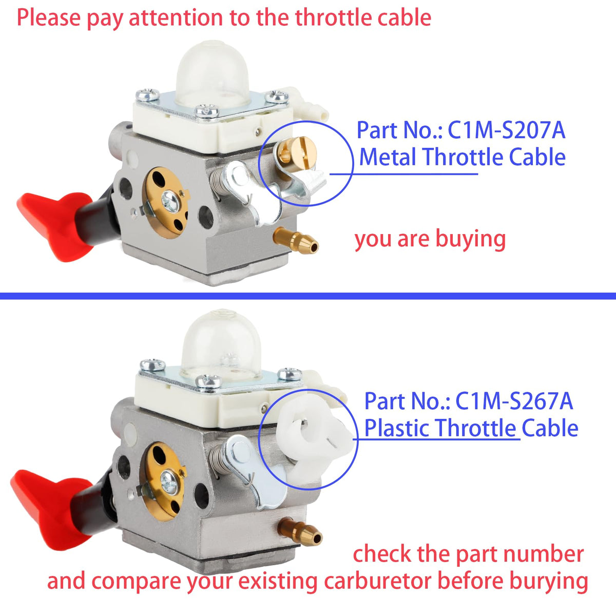 Metal throttle cable detail shows a durable upgrade for Stihl carbs.