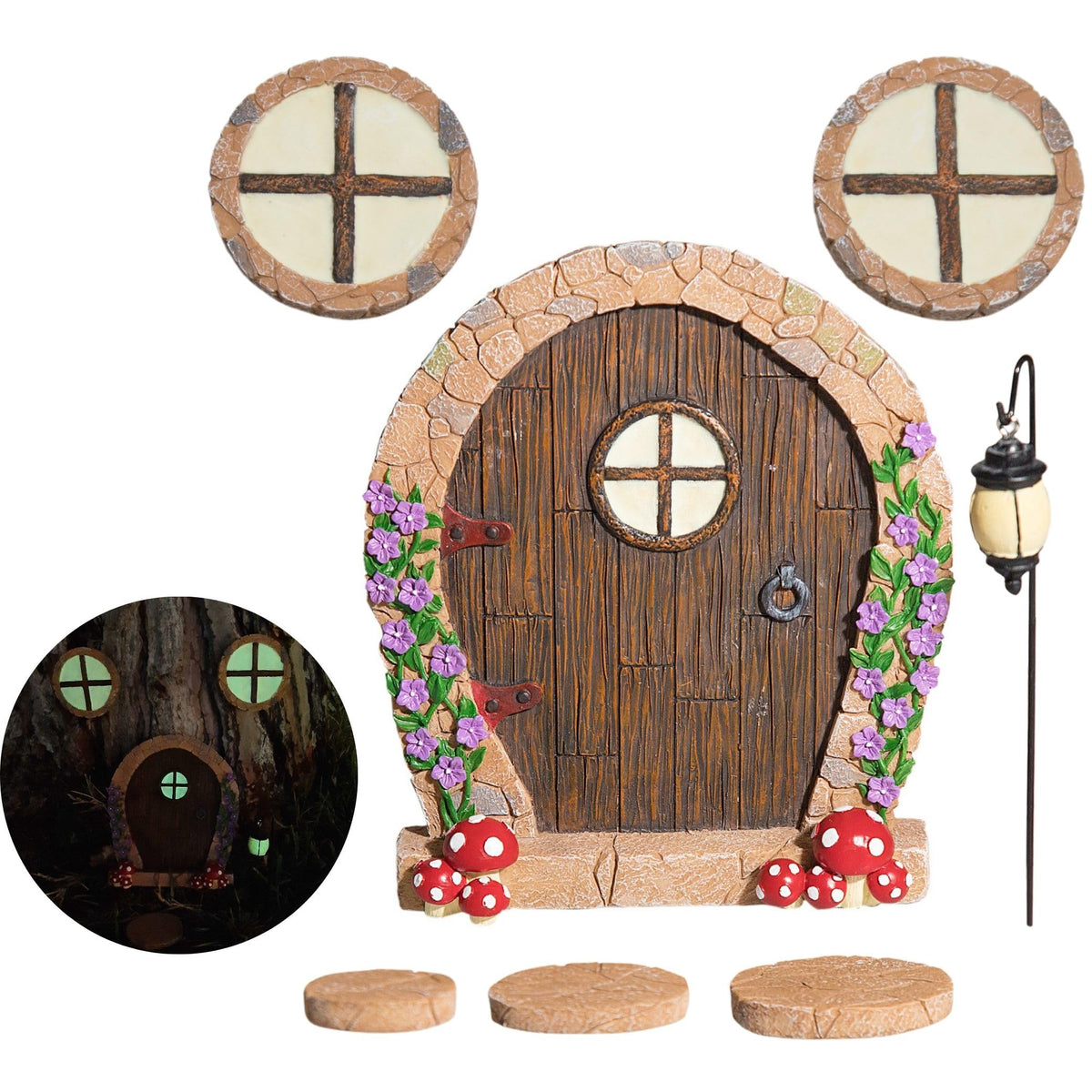 Simple Creativity fairy door on wall glows at night, creating magical ambiance