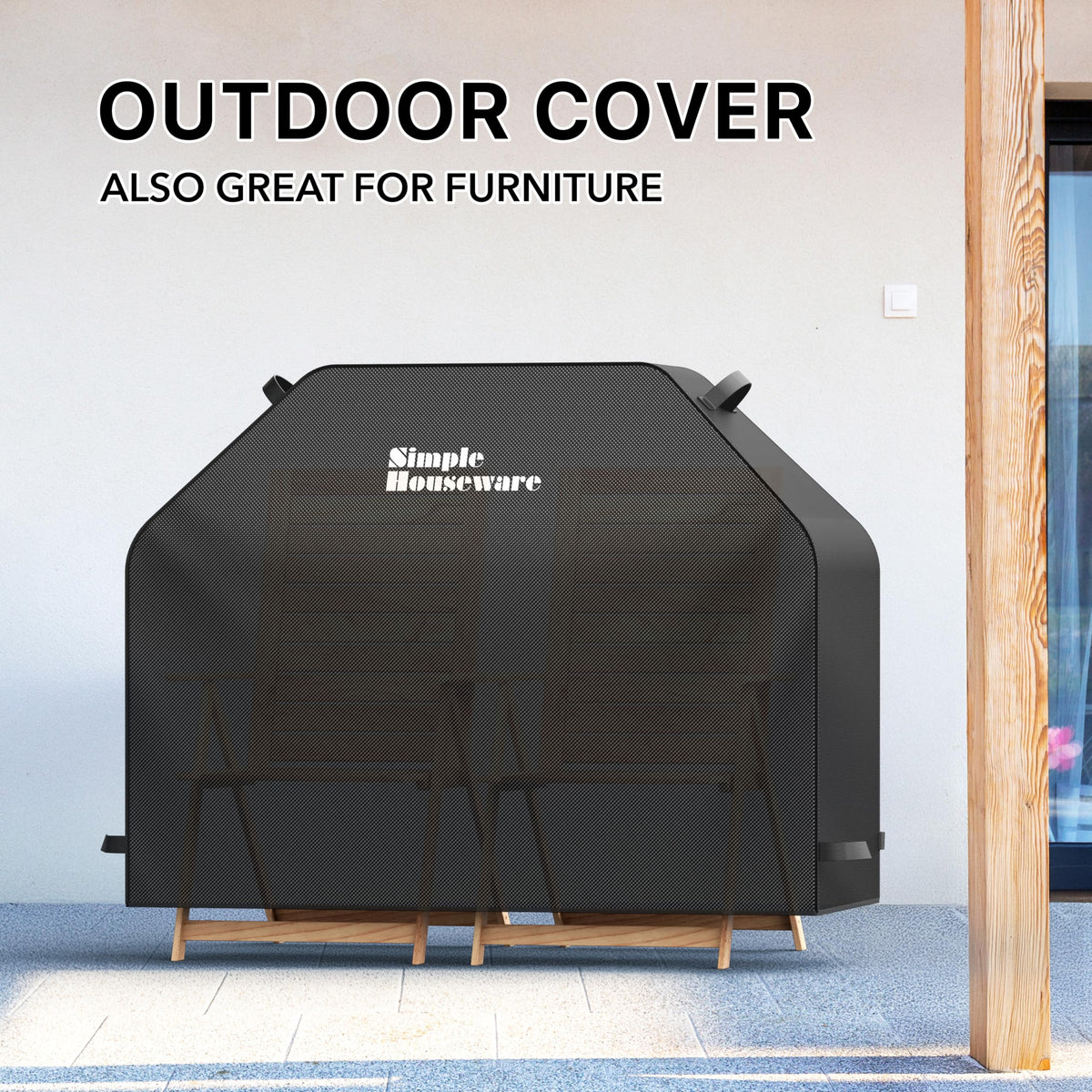 Simple Houseware 55in grill cover secure straps demonstrated on sides.