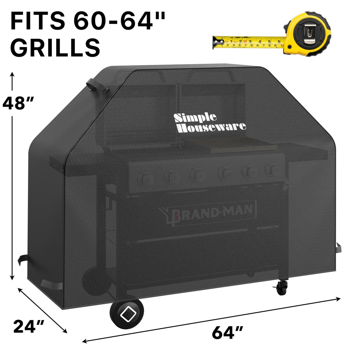 Simple Houseware 64in BBQ cover highlights 600D polyester durability against sun and rain.