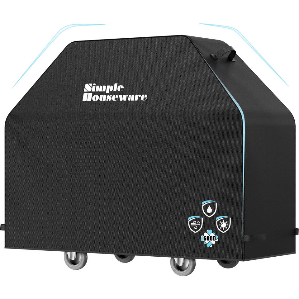Simple Houseware 64in BBQ cover shows dimensions for a secure outdoor fit.