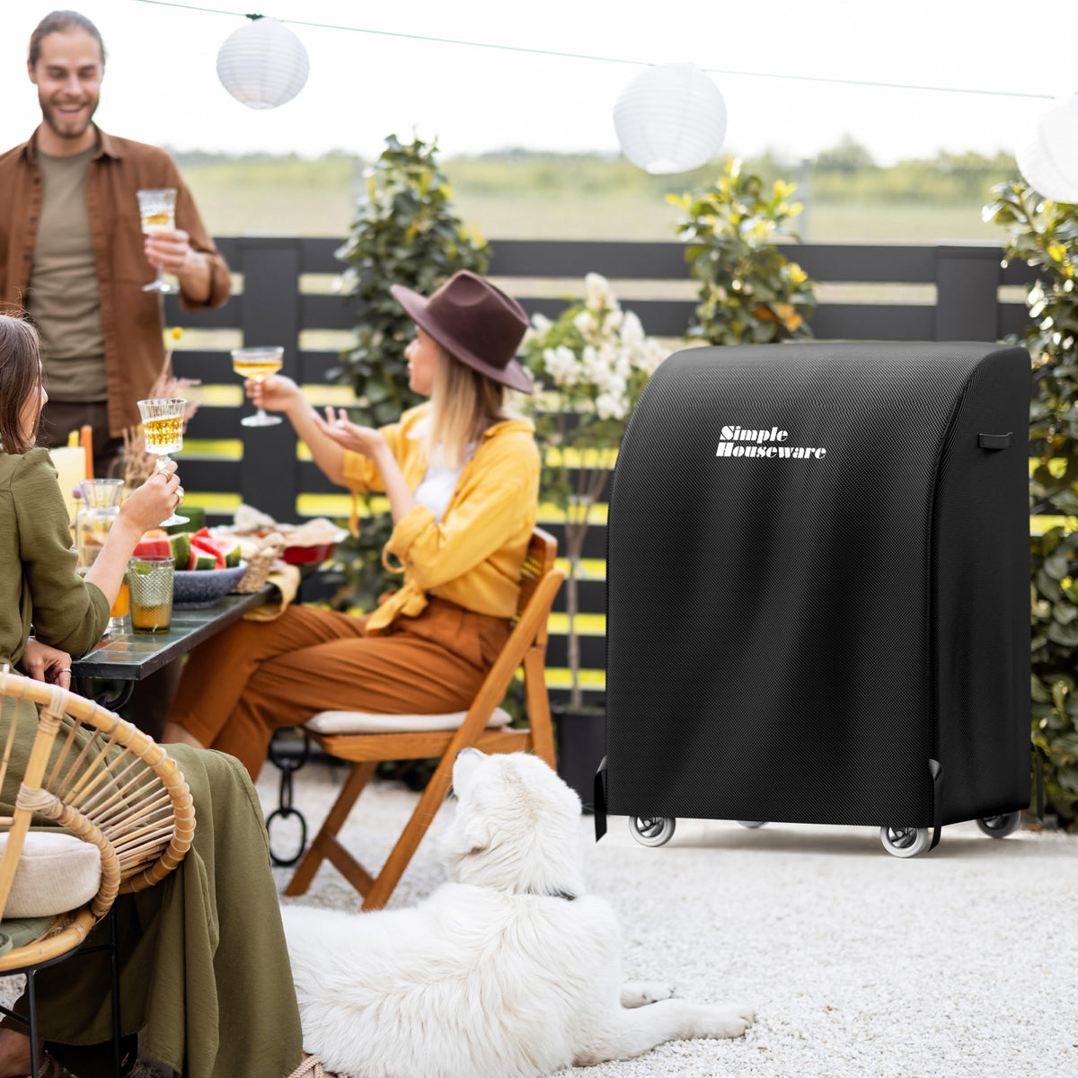 Simple Houseware grill cover on patio showing secure fit and presence.