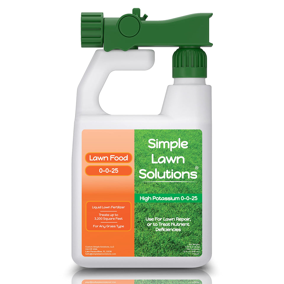 Simple Lawn Solutions 0-0-25 lawn fertilizer bottle boosts potassium for stronger turf.