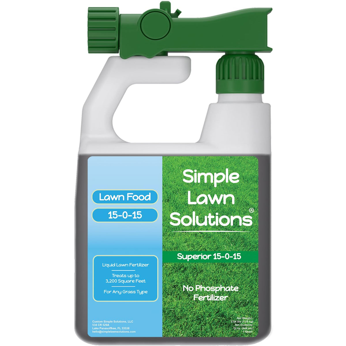 Simple Lawn Solutions 15-0-15 bottle label for balanced lawn feeding.