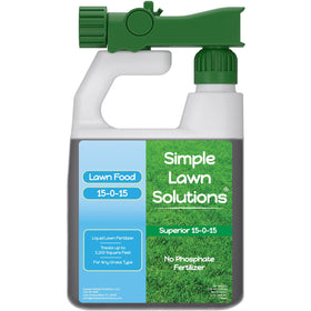 Simple Lawn Solutions 15-0-15 bottle label for balanced lawn feeding.