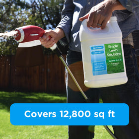 Simple Lawn Solutions 15-0-15 green-turf-application delivers uniform coverage on a lawn.