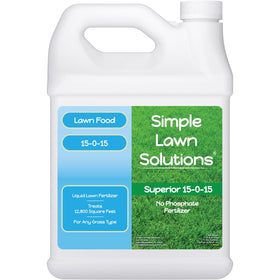 Simple Lawn Solutions 15-0-15 bottle pour demonstrates ready-to-use liquid nutrients for quick uptake.
