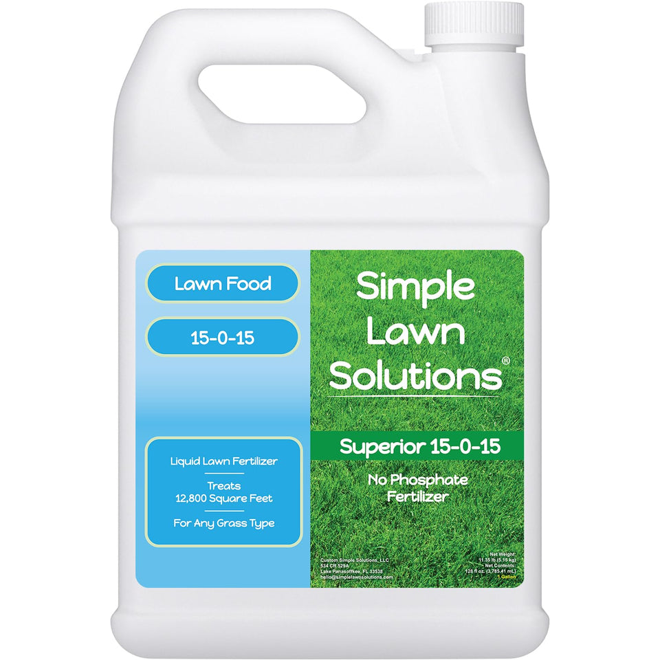 Simple Lawn Solutions 15-0-15 bottle pour demonstrates ready-to-use liquid nutrients for quick uptake.