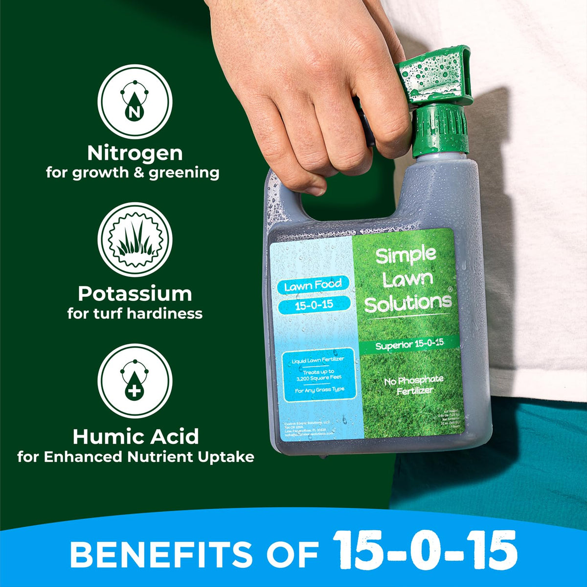 Simple Lawn Solutions 15-0-15 manufactured in the USA.