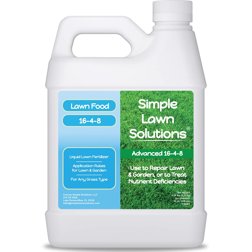 Simple Lawn Solutions 16-4-8 lawn food bottle pour showing nutrient delivery for quick greening