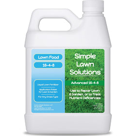 Simple Lawn Solutions 16-4-8 lawn food bottle pour showing nutrient delivery for quick greening