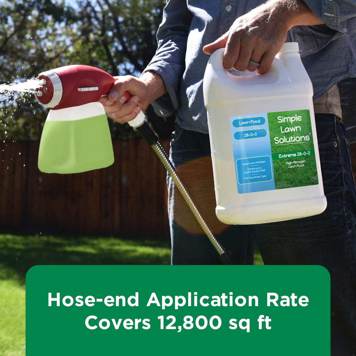 Simple Lawn Solutions 28-0-0 all-grass-types compatibility shown near healthy lawn.