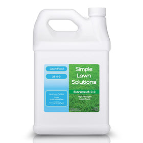 Simple Lawn Solutions 28-0-0 bottle closeup for rapid greening and growth.