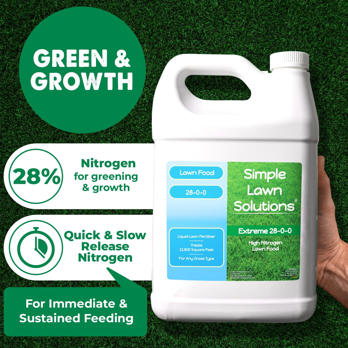 Simple Lawn Solutions 28-0-0 bottle on turf supports rapid greening and growth.