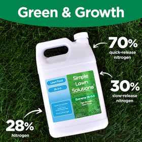 Simple Lawn Solutions 28-0-0 label detail emphasizes premium nitrogen benefits.