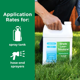 Simple Lawn Solutions 28-0-0 ready-to-use bottle beside lush lawn.