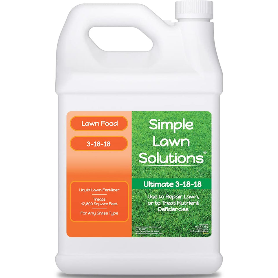Simple Lawn Solutions 3-18-18 lawn food bottle highlights root vigor benefits.