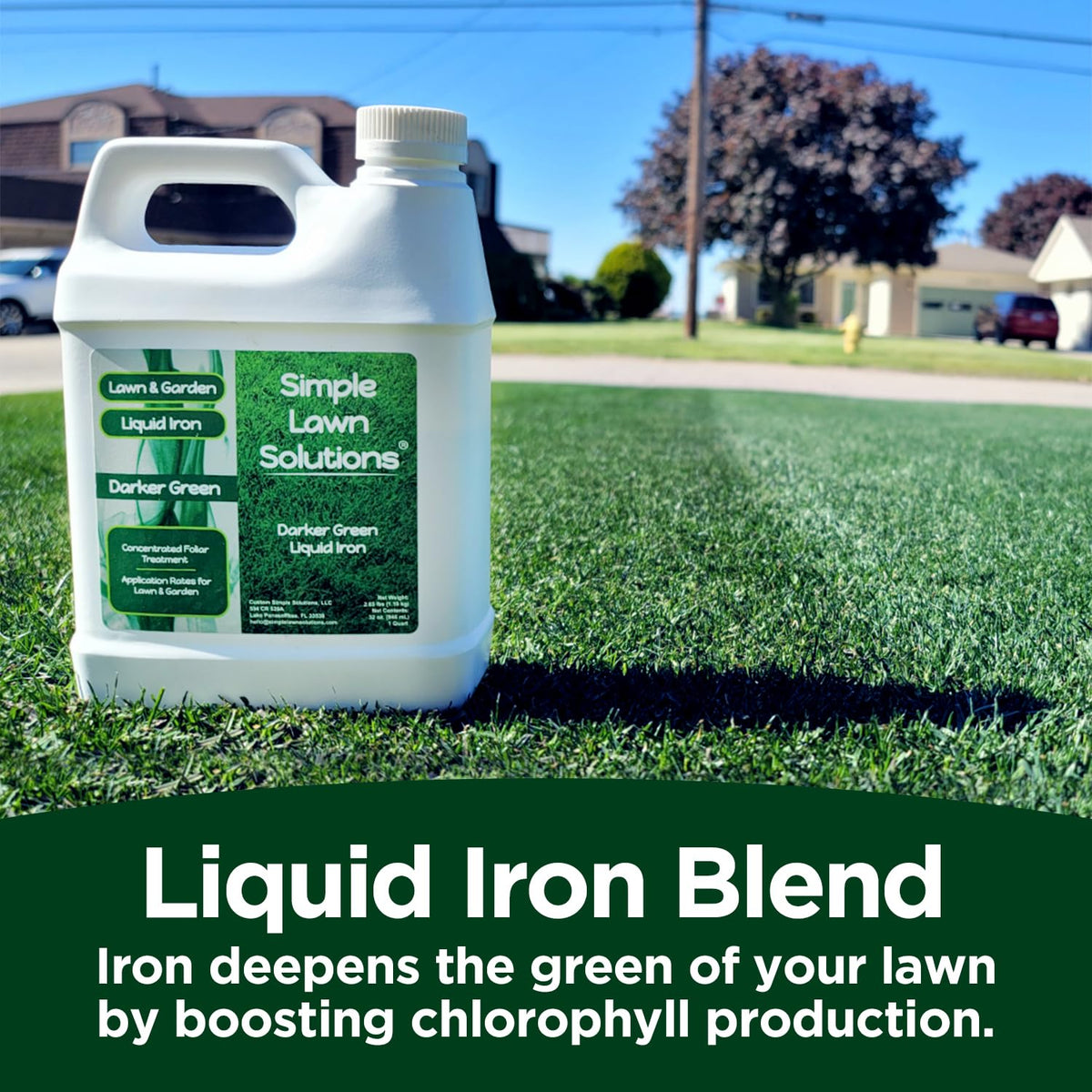 Simple Lawn Solutions Darker Green bottle on garden soil suggests versatile turf and garden use