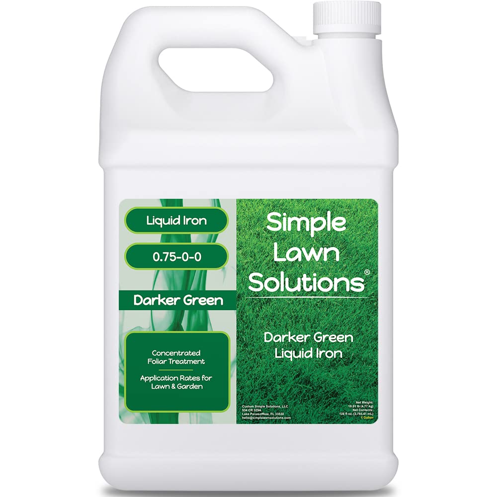 Simple Lawn Solutions darker green bottle pouring to boost lawn color.