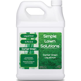 Simple Lawn Solutions darker green bottle pouring to boost lawn color.
