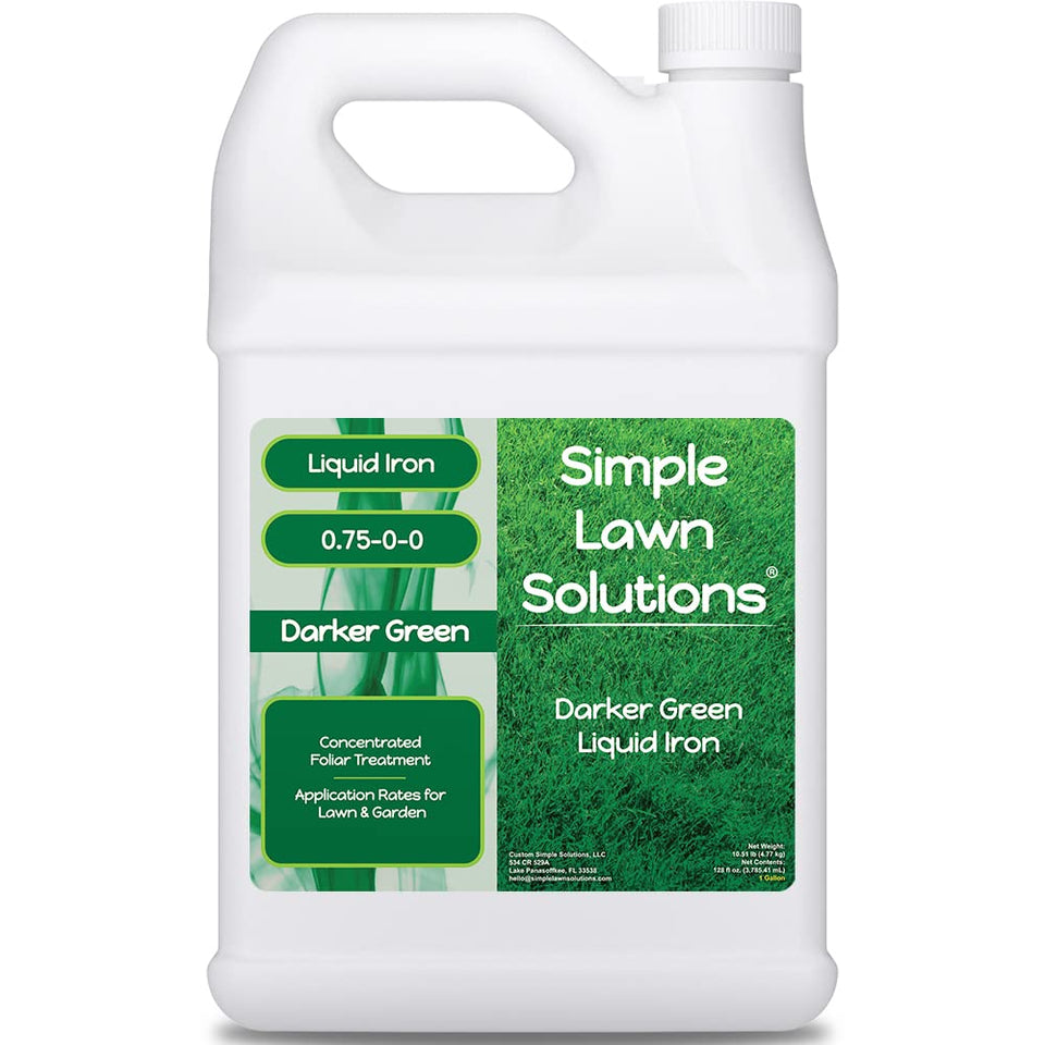 Simple Lawn Solutions darker green bottle pouring to boost lawn color.