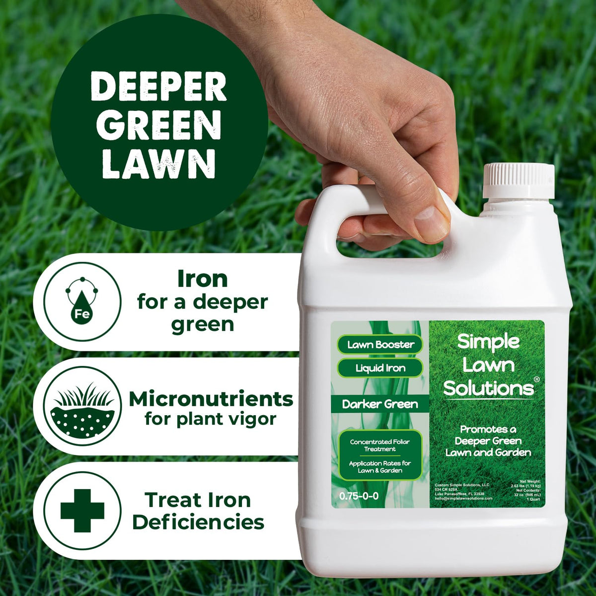 Simple Lawn Solutions Darker Green label closeup highlights micronutrients for plant health