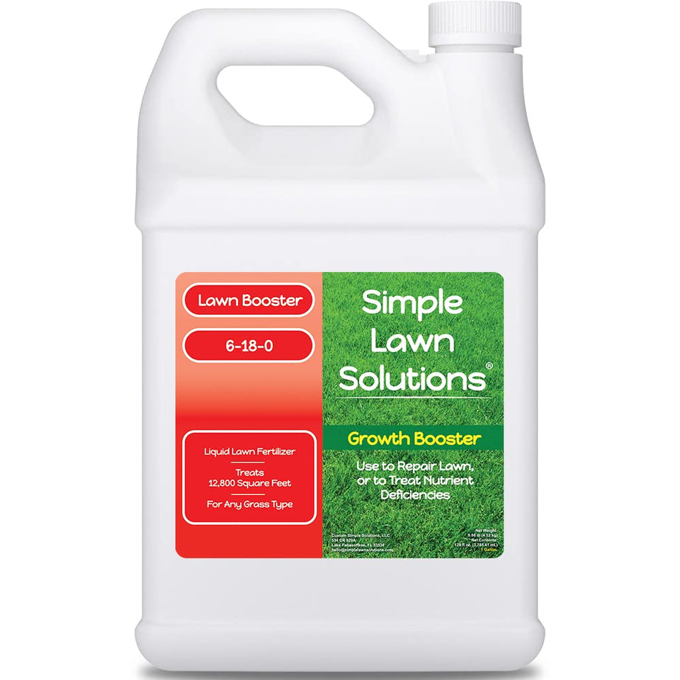 Simple Lawn Solutions Growth Booster bottle label with humic blend for turf growth