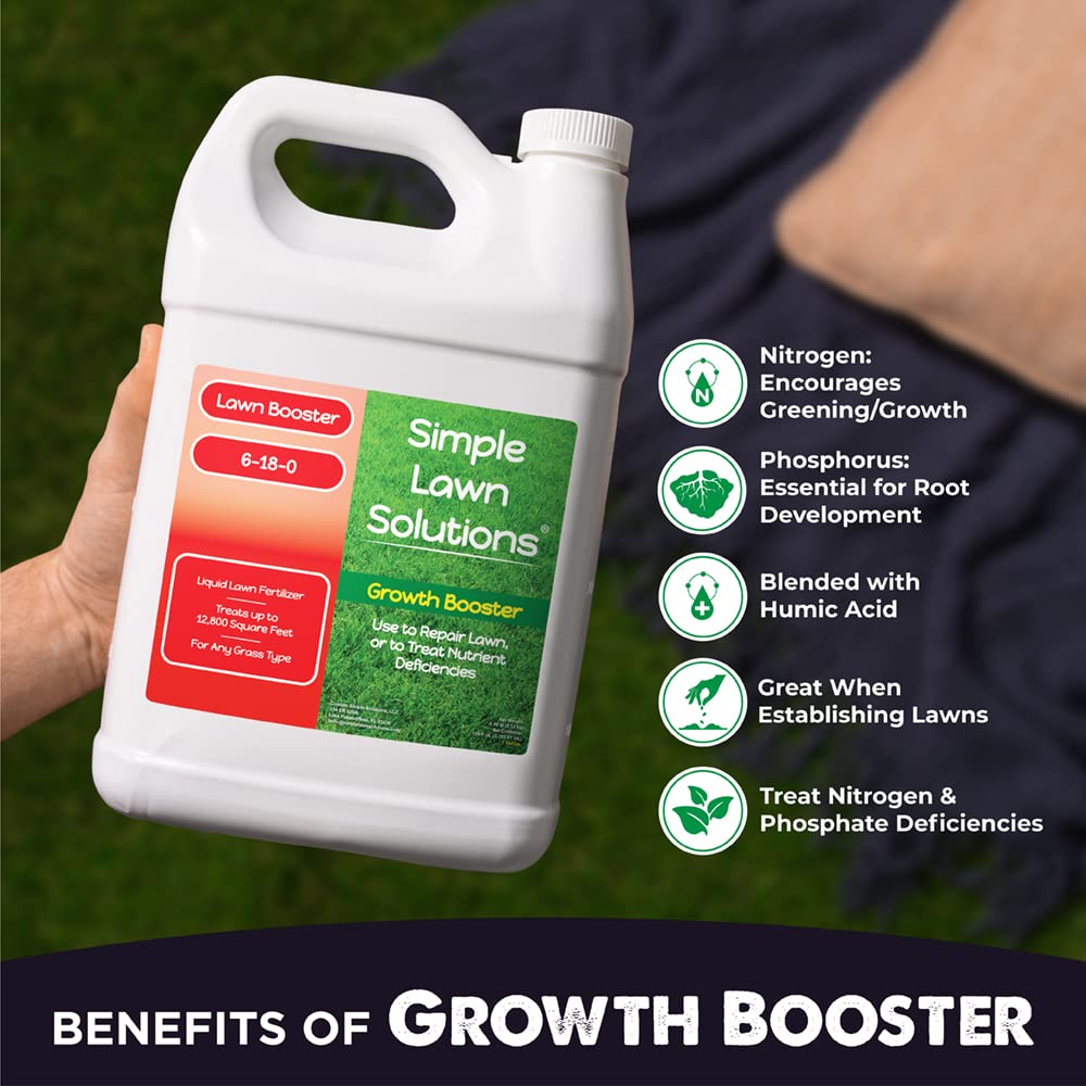 Pouring Growth Booster from bottle to start lawn treatment