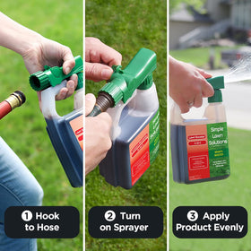 Hose-end sprayer in use for uniform application of Extreme Grass Growth.