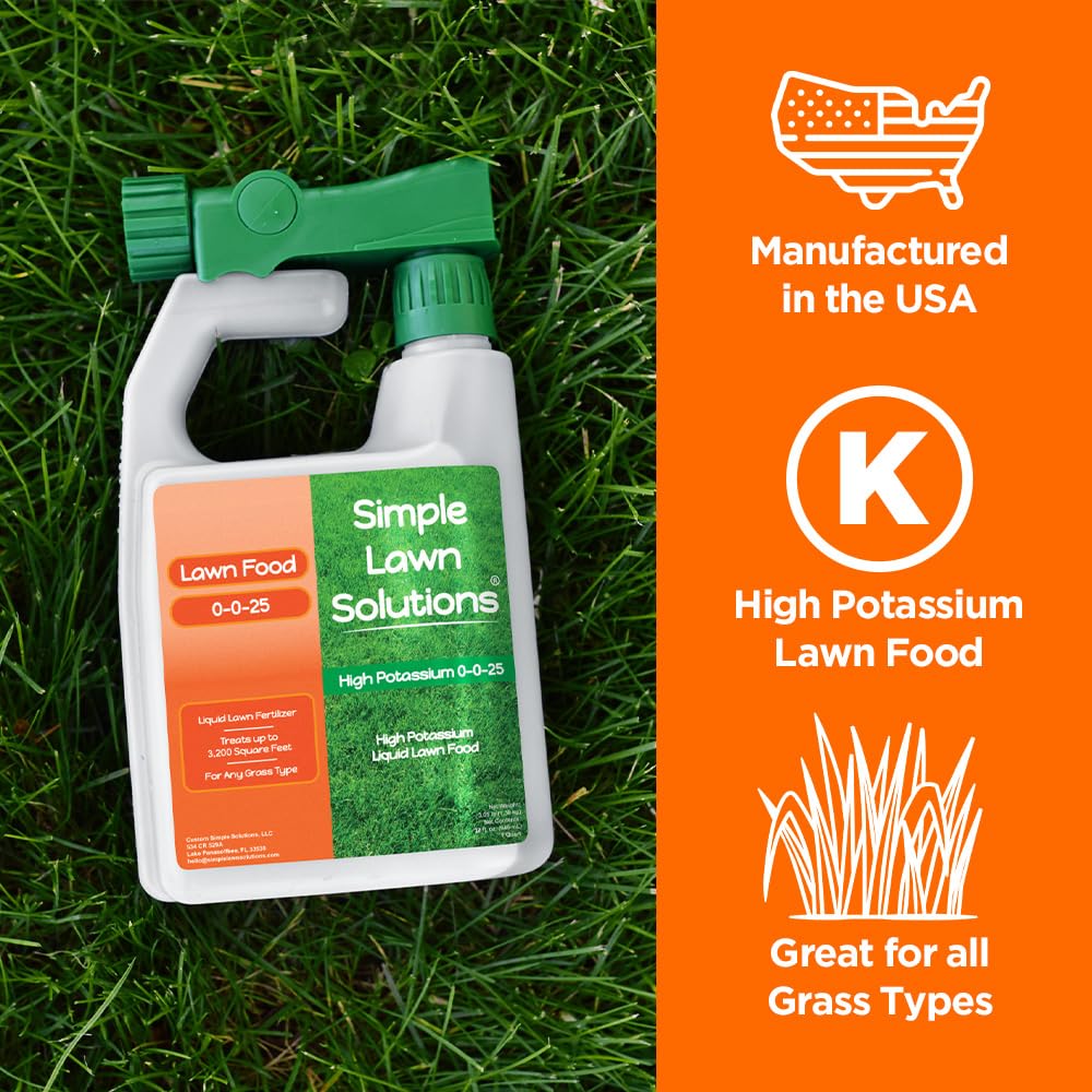 Close-up of Simple Lawn Solutions 0-0-25 label on bottle.