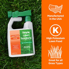 Close-up of Simple Lawn Solutions 0-0-25 label on bottle.