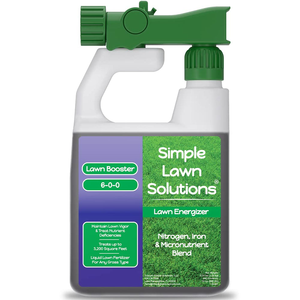 Simple Lawn Solutions Lawn Energizer bottle applying liquid iron for deeper green.