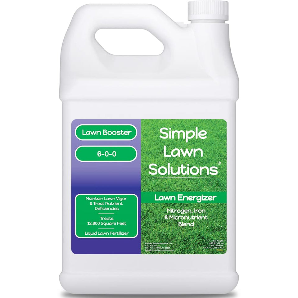 Simple Lawn Solutions Lawn Energizer bottle promotes deeper green color.