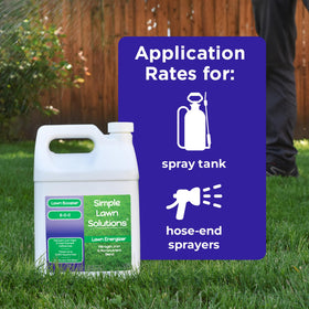 Simple Lawn Solutions liquid fertilizer 6-0-0 for chlorophyll-rich color.