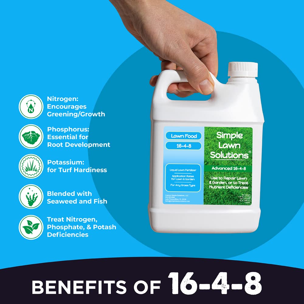 Closeup of Simple Lawn Solutions liquid fertilizer bottle for robust turf growth