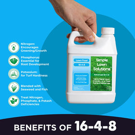 Closeup of Simple Lawn Solutions liquid fertilizer bottle for robust turf growth