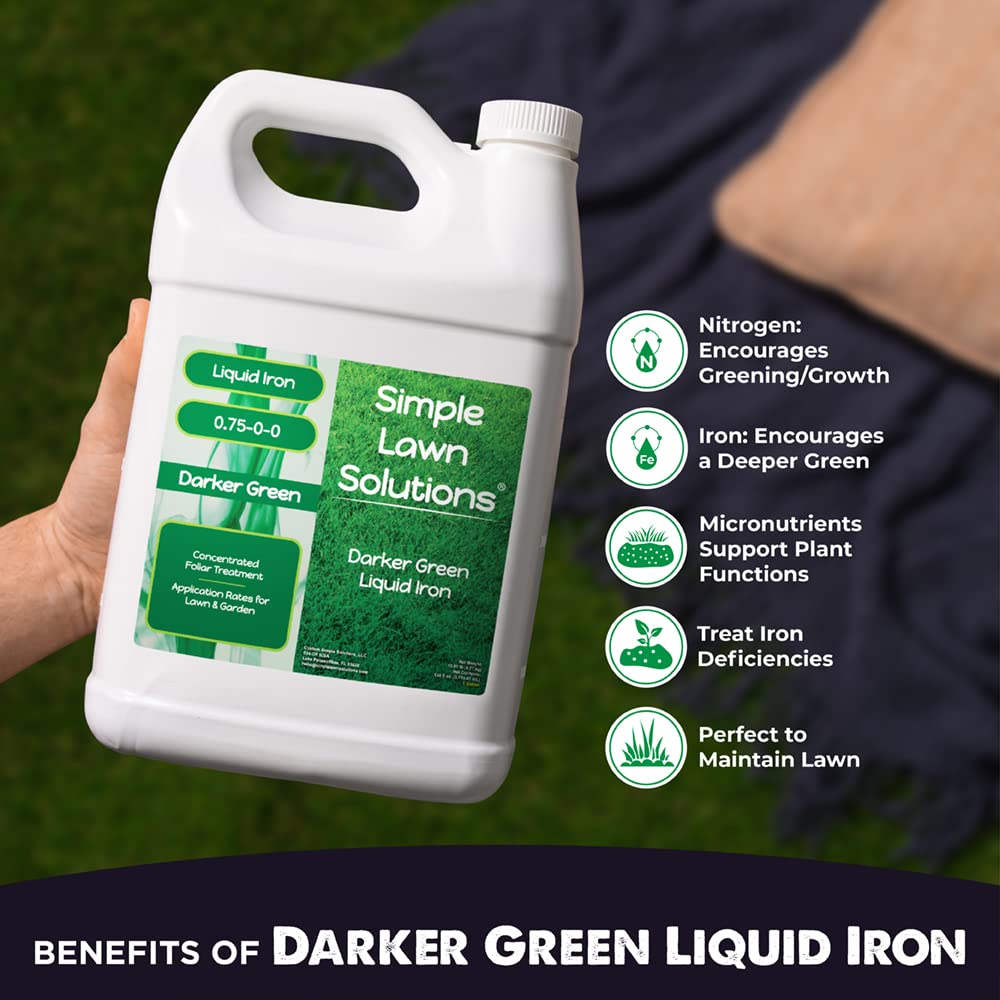 Simple Lawn Solutions liquid iron fertilizer close-up on the label.