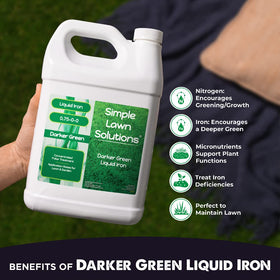 Simple Lawn Solutions liquid iron fertilizer close-up on the label.