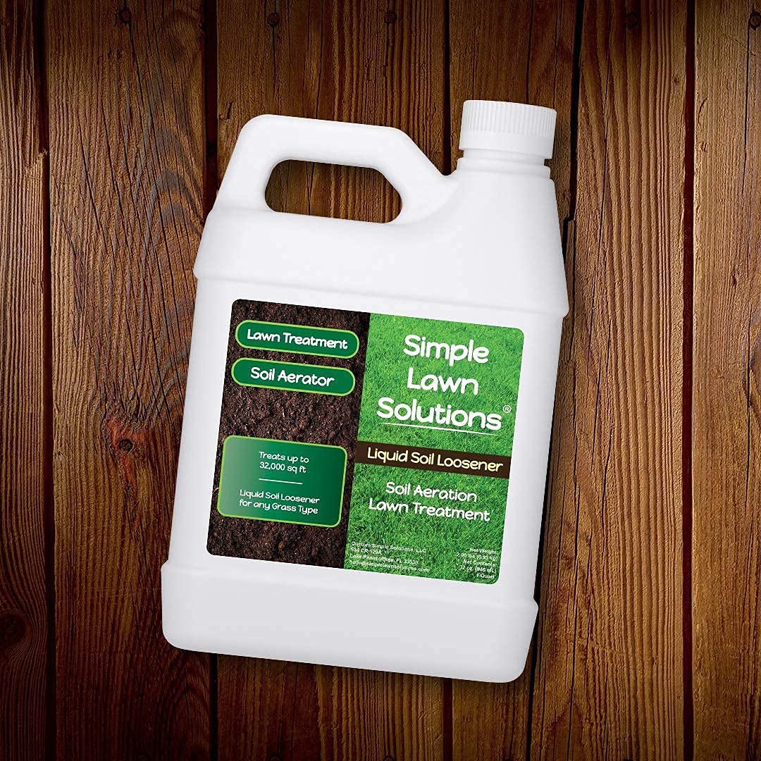 Made in USA badge beside Simple Lawn Solutions Liquid Soil Loosener bottle signaling quality.